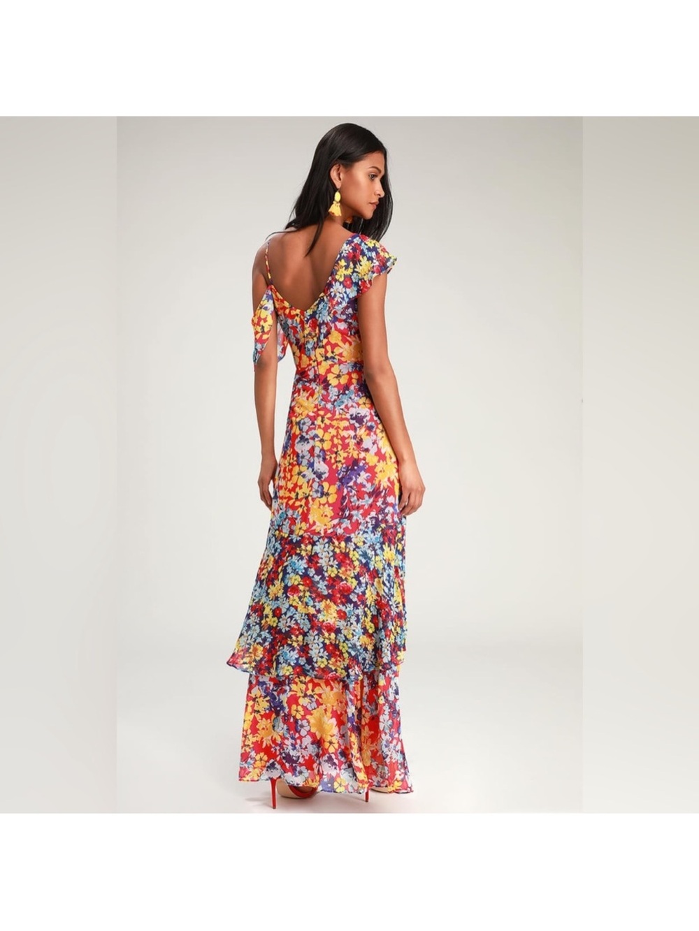 Lulu's Red Floral Wrap Dress with Yellow & Blue Blooms - Picture 3 of 8